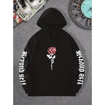Startmore Tarzsokak Gül Sanatsal Mektup Baskılı Kapüşonlular Rahat Sokak Kadın Tişörtü Rahat Polar Kazak Crewneck Siyah