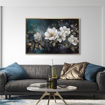 Yağlı Boya Dokulu Tablo Koyu Fonda Beyaz Çiçekler Altın Çerçeveli U02033-178887
