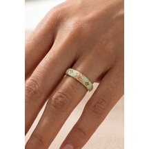 Gold Beyaz Çiçek Yeşil Mineli Renkli Ayarlanabilir Çelik Yüzük Çok Renkli