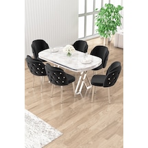 Canisa Zae Serisi 90x168 Lak Panel Beyaz Mermer Masa Krom Ayak Masa Takımı Ve 6 Siyah Sandalye Rampla Gri Masa Siyah Sandalye