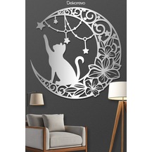 Floral Hilal Ve Kedi Silüeti Dekoratif Metal Tablo - Metal Duvar Sanatı - Gümüş - 50 X 50 Cm