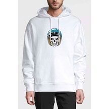 Skull With Blue Helmet Baskılı Beyaz Erkek Örme Sweatshirt (531029342)