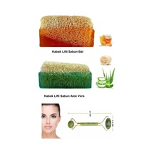 3'lü Set Doğal Kabak Lifli Aloe Vera Özlü Kabak Lifli Ballı Sabun Çift Taraflı Yüz Masaj Aleti