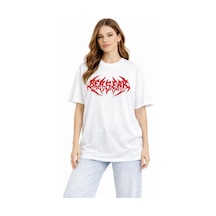 Kadın Kısa Kol Yazlık Tişört Bisiklet Yaka Baskılı Oversize T-shirt - Beyaz Beyaz