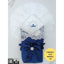 Kadife Kız Bebek Battaniyesi Dantelli Kundak Hastane Çıkışı Yenidoğan %100 Doğal Pamuktan Hediyelik Lacivert