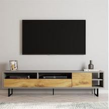 Luga Kapaklı Tv Ünitesi, Tv Sehpası - Metal Siyah Ayak - Gri/traverten - Sis Gri/kilim Sis Gri/kilim