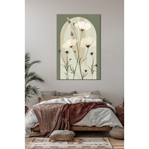 Minimalist Çiçek Baskılı Cam Tablo Yeşil Zemin Beyaz Çiçek Desenli Modern Dekor