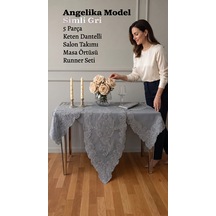 Cekihome 5 Parça Keten Dantelli Salon Takımı Runner Seti Angelika Model Simli Gri Masa Örtüsü No 236