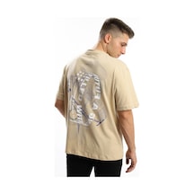 Erkek Oversize Fit Ön Arka Baskılı Basic Tişört Bej