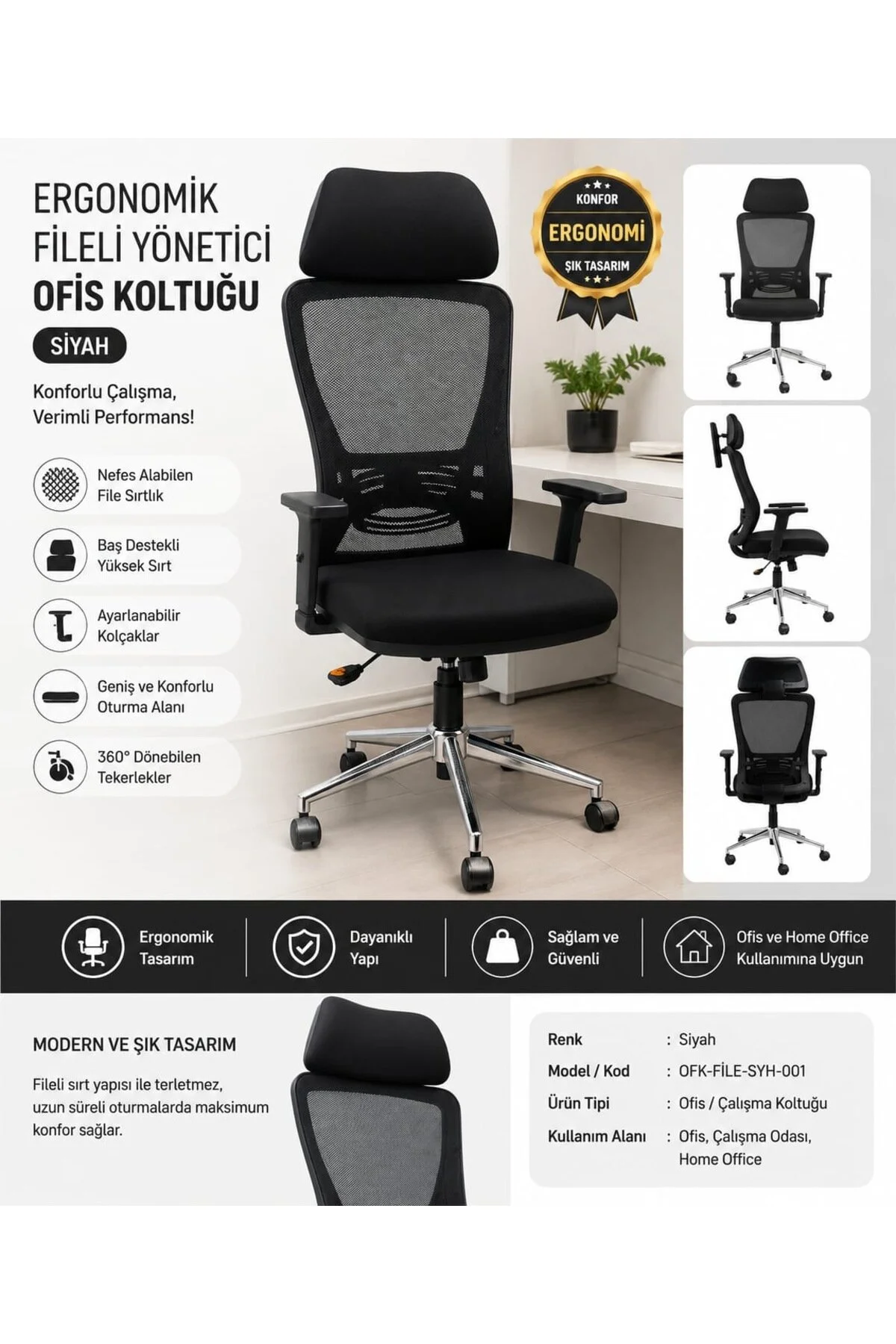 Siyah Fileli Ergonomik Ofis Çalışma Koltuğu Sırt Destekli, Hareketli Kolçaklı 2 Yıl Garantili