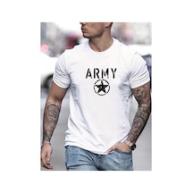 Caddemia Yaz Moda Rahat Gevşek Spor Ordu Ve Beş Köşeli Yıldız Baskılı Yuvarlak Yakalı Beyaz 2XL