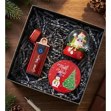 Kişiye Özel Kırmızı Dokunmatik Usb Çakmak & Yılbaşı Kar Küresi & Yılbaşı Altlık Hediye Seti