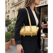 Parlak Gold Mini Omuz Çantası Yumuşak Deri Görünümlü Fermuarlı Kadın El Ve Kol Çantası - Lisinya Altın