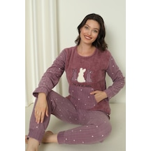 Wordex Fwn 04-3302 Peluş Welsoft Polar Kışlık Yumoş Tavşanlı Kadın Pijama Takımı Lila