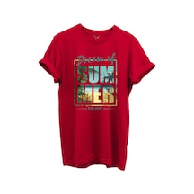 Dream Of Summer Yazılı Palmiye Ve Sahil Temalı %100 Pamuk Regular Fit Unisex T-shirt Kırmızı