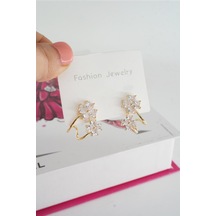 By Zeyna Aksesuar Kadın Vip Seri Baget Zirkon Taşlı 925 Ayar Gümüş Klipsli Küpe Seti-4191 Altın