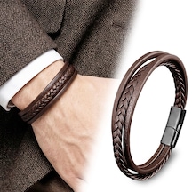 Moncuk Design Kahverengi Deri Erkek Bileklik Titanyum Çelik Manyetik Kilitli 33513b14d4 Çok Renkli