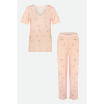 Kadın Viskon Yaka Dantel Lastik Detaylı V Yaka Kısa Kollu Pijama Takımı Kk30118 Ekru