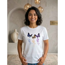 Beyaz / Siyah Kadın Bisiklet Yaka Kelebek Desenli Motto Yazılı Regular Fıt Pamuk T-shirt Beyaz