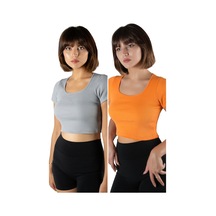 Terapi Men 2'li Paket Açık Gri Turuncu Havuz Yaka Fitted/vücuda Oturan Kısa Kol Crop Tişört Açık Gri Turuncu