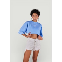 Holly Lolly Bisiklet Yaka Holly Crop Tshirt Mavi
