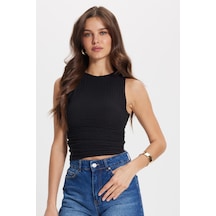 Tudors Kadın Slim Fit Dar Kesim Bürümcük Kumaş Likralı Siyah Askılı Bluz-50873