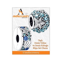 Taşlı Deniz Yıldızı Ve Deniz Kabuğu Klips Set Charm Gümüş