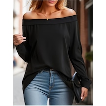 Mareandpanda Kadın Madonna Yaka Uzun Kollu Salaş Viskon Bluz SIYAH