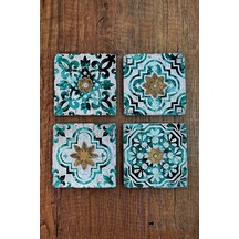 Doğal Taş Bardak Altlığı Tile Desen Baskılı 10x10cm Stone Coasters 4'lü Set Çok Renkli