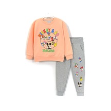 Baskılı Uzun Kollu Yumuşak Pamuk Kumaşlı Kız Çocuk Eşofman Takımı Somon