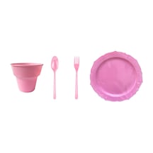 Omeyva 23 Cm. Plastik Mika Pembe Sorfa Piknik Seti - 12 Kişilik Tabak Bardak Çatal Kaşık Takımı