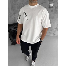 Barlashive Erkek Kısa Kol Tişört Bisiklet Yaka Yıldırım Baskılı Oversize T-shirt - Beyaz Çok Renkli