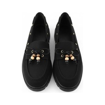 Efw Kadın Yüksek Kaymaz Taban Siyah Süet Boncuklu Bağcıklı Loafer Oxford Ayakkabı