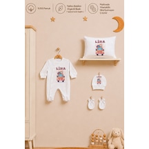 Pia Baby İsme Özel Kız Bebek Tulum %100 Pamuk Organik Baskılı İsimli Bebek Tulumu 35x45 Cm Yastık Kılıfı Bebek Seti 2075ytyx Krem