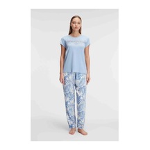 Anıl Ambalaj Herşeytrend Kısa Kol Bisiklet Yaka Kadın Viskon Çiçek Desenli Yazlık Örme Dantel Detaylı Pijama Tak Mavi