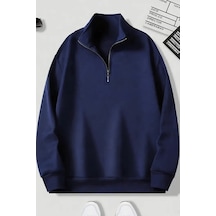 Lacivert Fermuarlı Dikyaka Sweatshirt- Basic- Kışık Şardonlu Kumaş Lacivert