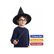 Harry Potter Tarzı Çocuk Seti Siyah Keçe Şapka, Asa, Gözlük Standart