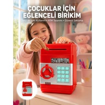 Şifreli Kırmızı Atm Tasarımlı Çelik Kasa Görünümlü Kumbara Düz Renkli