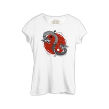 Yin Yan Illustration With Two Dragons Beyaz Kadın Tshirt 001