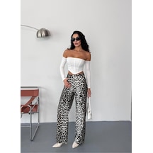 Kadın Kahve-beyaz Leopar Desenli Wide-leg Yüksek Bel Kot Pantolon Denim Kumaş Kahverengi