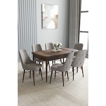 Jusie Barok Desen 80x132 Açılabilir Mutfak Masası Takımı 6 Sandalye Gri