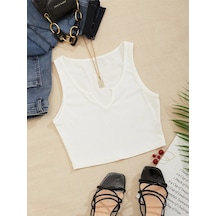 Liona V Yaka Beyaz Renk Fitilli Crop Top Bluz
