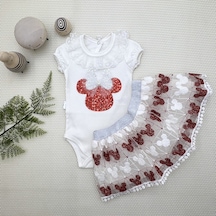 1-2-3 Yaş Payetli Mickey Nakışlı Kısa Kollu Brode Etekli 2li Kız Bebek Takımı 001