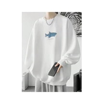 Tarzsokak Letter & Shark Print Drop Shoulder Pullover Beyaz