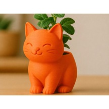 3d Baskı Sevimli Kedi Saksı - Figürlü Sukulent Saksısı-turuncu