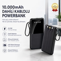 10.000mah Led Ekranlı Dahili Kablo Powerbank 22.5w Hızlı Şarjlı Ultra İnce Tasarım Taşınabilir Powerbank-1681 BEYAZ