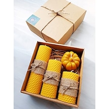 Petekoğlu Balmumu Mum Dekoratif Hediye Kutusu 4 Lü Set Doğal Petek Beeswax Candle Bal Kabağı Jüt Kumaş Enerji Sınıfı A 000 Açık Krem