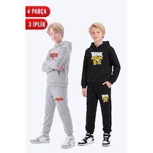 Panios Kids 3 İplik Baskılı Kışlık Kanguru Cepli Kapüşonlu Erkek Çocuk 2'li Eşofman Takımı 4 Parça Gri-siyah