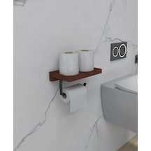 Papatya Masif Ahşap Raflı Tuvalet Kağıtlık, Metal Duvar Tipi Askı Siyah