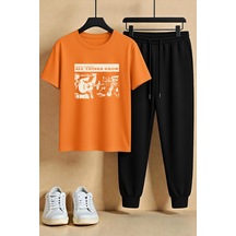 Uyguntarz Unisex All Things Grow Tasarım Baskılı Tshirt - 2'li Eşofman Takımı Turuncu